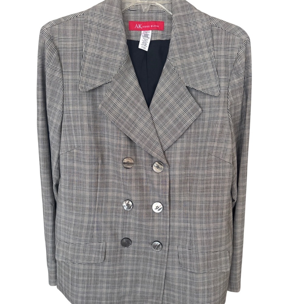 Anne Klein Stretch plaid blazer gray white checked notched lapels 14 NWT
